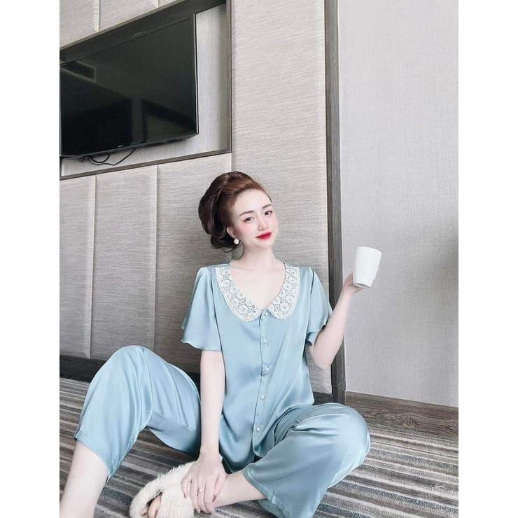 Đồ Ngủ Lụa Satin Quần Dài, Bộ mặc Nhà Cổ ren Tay Xòa Chất Vải Mát, Ít Nhăn Phom Thoải Mái, Dưới 58kg
