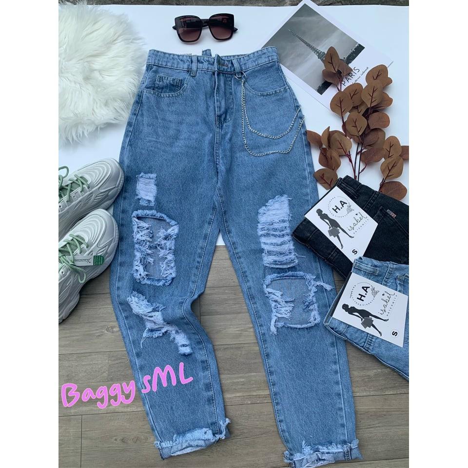 QUẦN BAGGY JEAN COTTON LƯNG THUN RÁCH HOT SHOP PHƯƠNG CHÂU