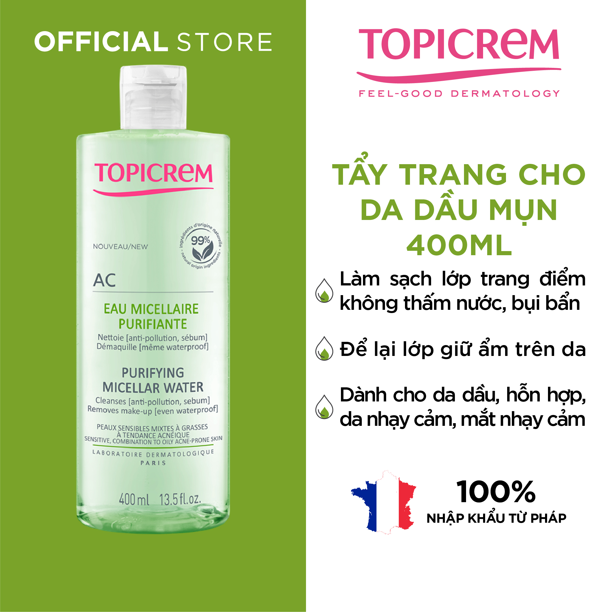 Nước tẩy trang dành cho da dầu mụn TOPICREM AC PURIFYING MICELLAR WATER 400ml