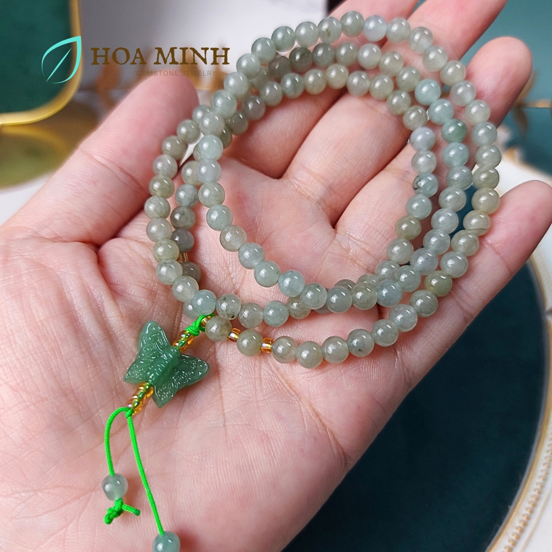 Vòng tay chuỗi 108 hạt Ngọc Cẩm Thạch Lam Dầu A size 5.3 li phối charm đá thạch anh aventurine mỹ miều tuyệt đẹp