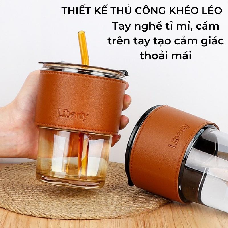 Lys cốcs uống nước,bình có ống hút chất liệu thủy tinh bọc da sang trọng decor dung tích 450ml cực sang trọng