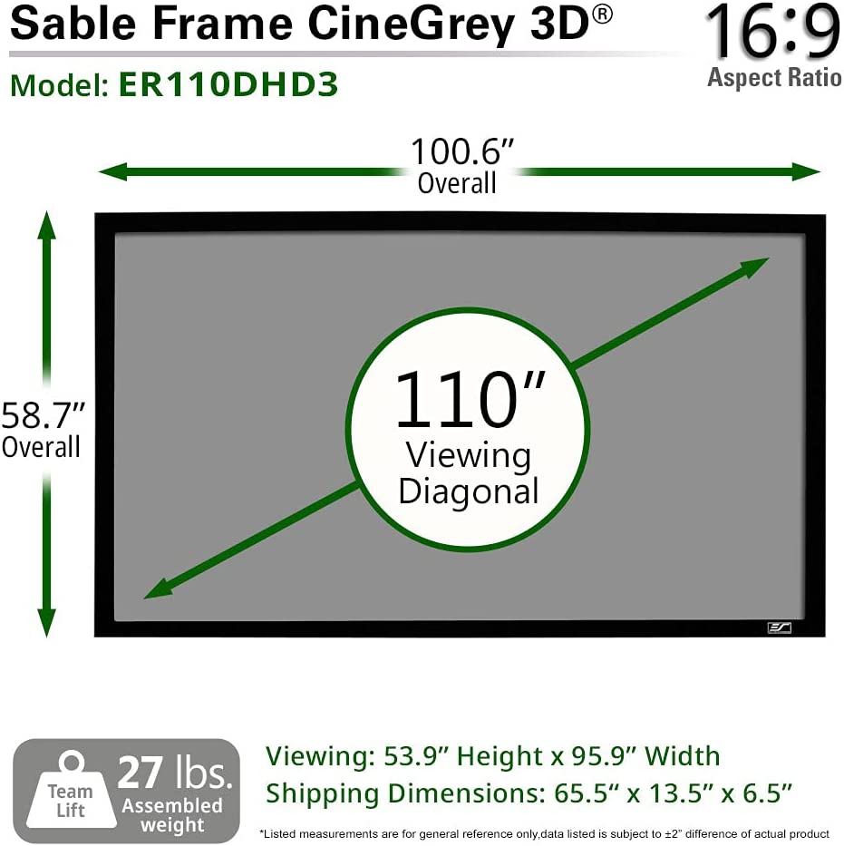 Màn Chiếu Elite Screens Dòng Sable Frame CineGrey 3D, 110 inch Tỷ lệ Khung Hình 16:9 (Vùng hiển thị 137.2 x 243.8 cm) 1.2 Gain (ER110DHD3) – Hàng Chính Hãng