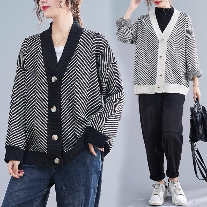 Áo Cardigan Len Chất Dày Hoạ Tiết Kẻ Sọc Chéo Retro Style