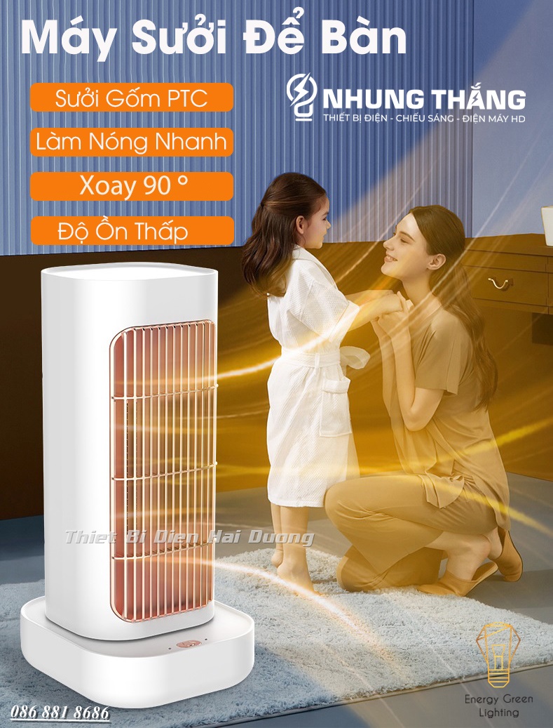 Máy Sưởi Để Bàn MS-MR10, Quạt Sưởi Mini - Công Nghệ Sưởi Gốm PTC Ceramic - Xoay 90 Độ - Làm Nóng Nhanh -Tích Hợp Tản Gió - Có Video