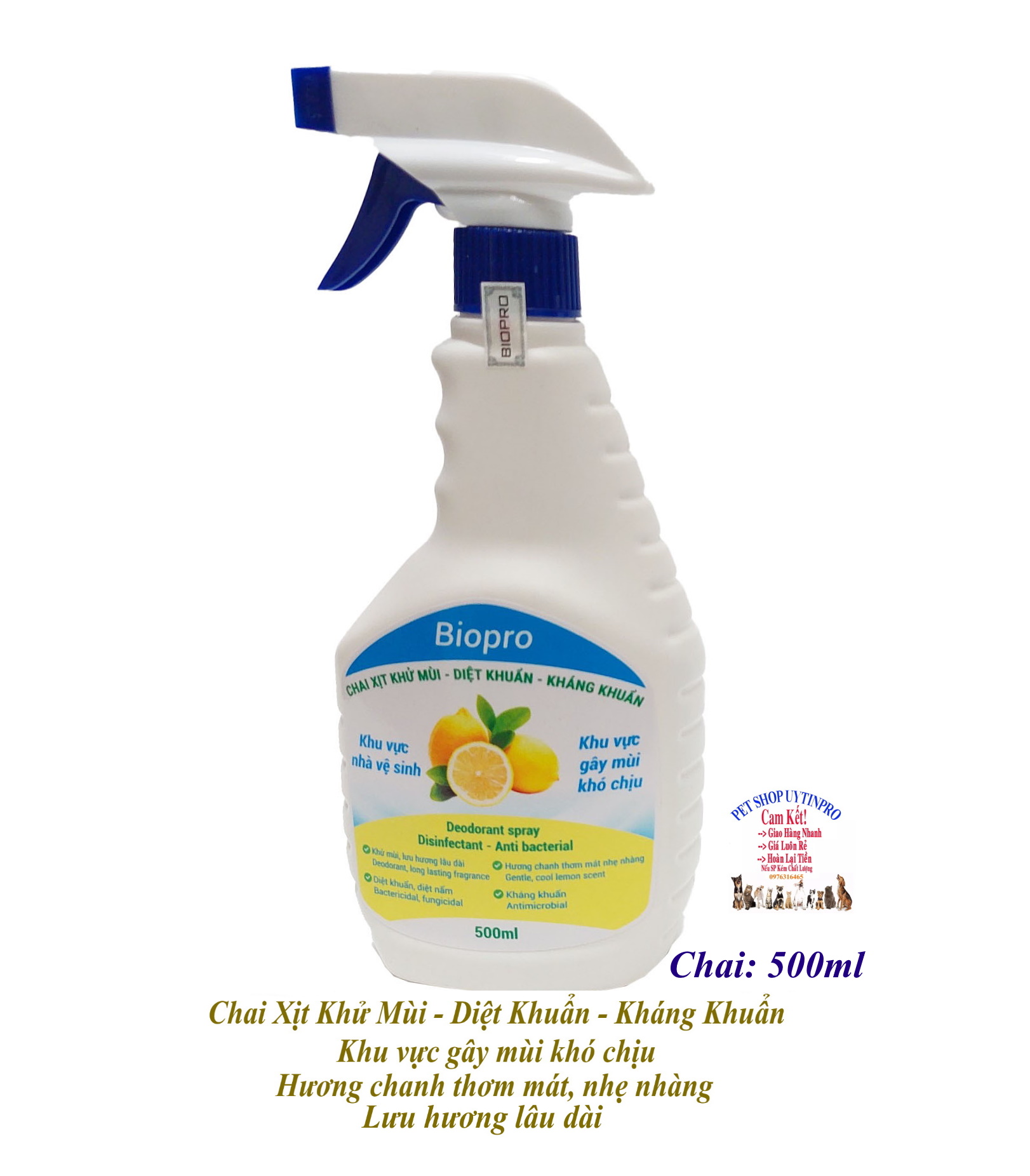 Chai xịt Biopro 500ml khử mùi diệt khuẩn kháng khuẩn Khu vực gây mùi khó chịu Khu vực nhà vệ sinh Hương chanh thơm mát