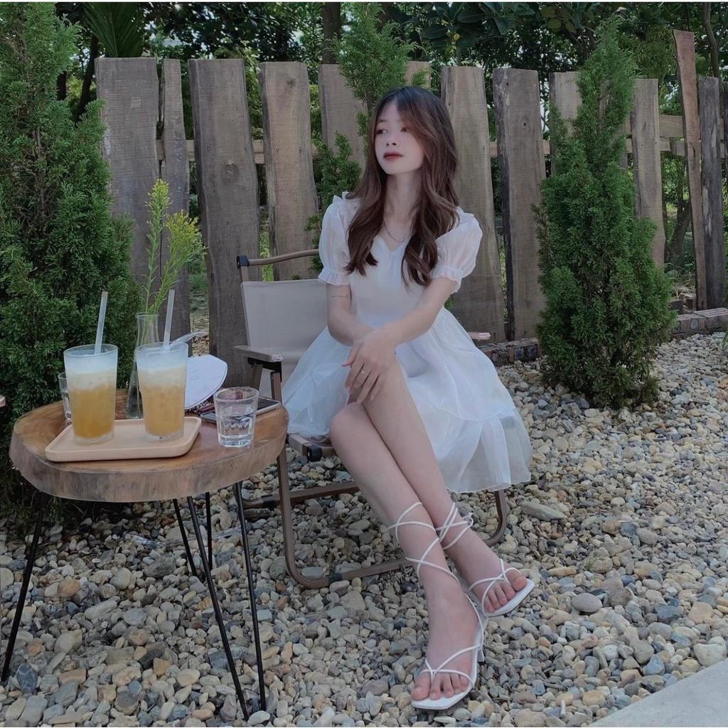 Váy Cổ Vuông 2 Tầng Voan Tơ Tay phồng Khoá Lưng Màu Trắng, Đầm Công Chúa Xoè 2 Lớp