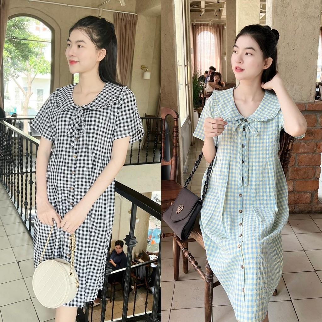 Đầm bầu karo cổ bèo thắt nơ dáng suông dễ thương, trẻ trung, năng động - Nâu
