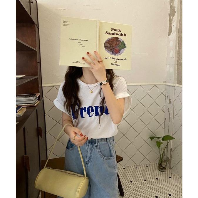 MS6717 Áo thun nữ cổ tròn vai hến in chữ French chất liệu cotton thấm hút mồ hôi
