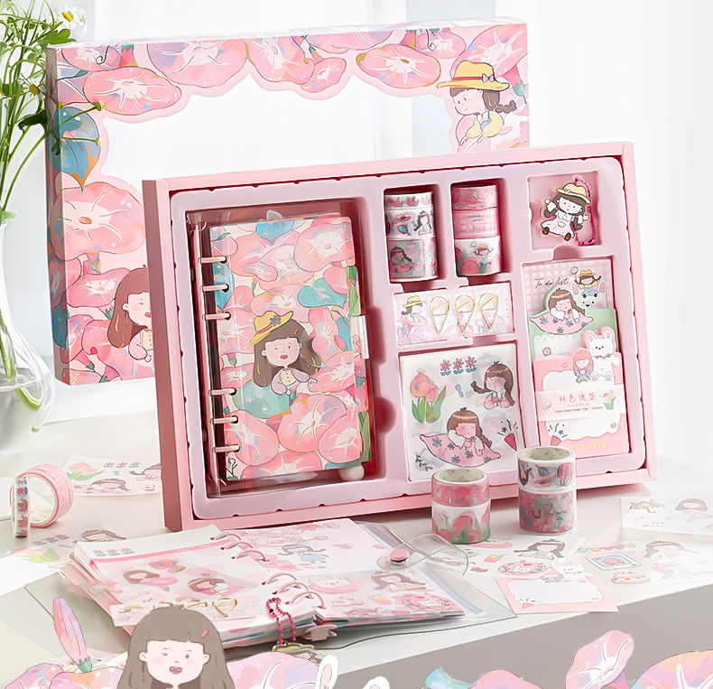 Set hộp quà tặng dễ thương kèm sổ tay sticker, washi, giấy note và móc khoá xinh