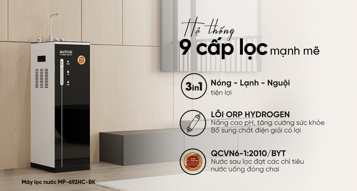 Máy lọc nước Nóng Lạnh Nguội 9 lõi Mutosi Hydrogen MP-692HC-BK hàng chính hãng