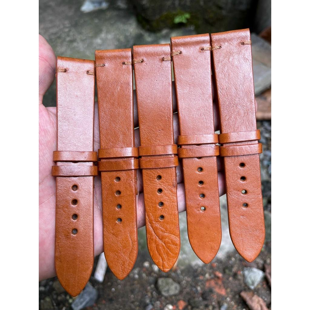 Dây đồng hồ nam nữ Da bò Ý, khâu tay thủ công chốt chỉ 2 đầu màu vàng bò size 18, 20, 22, tặng kèm khóa, chốt, tool