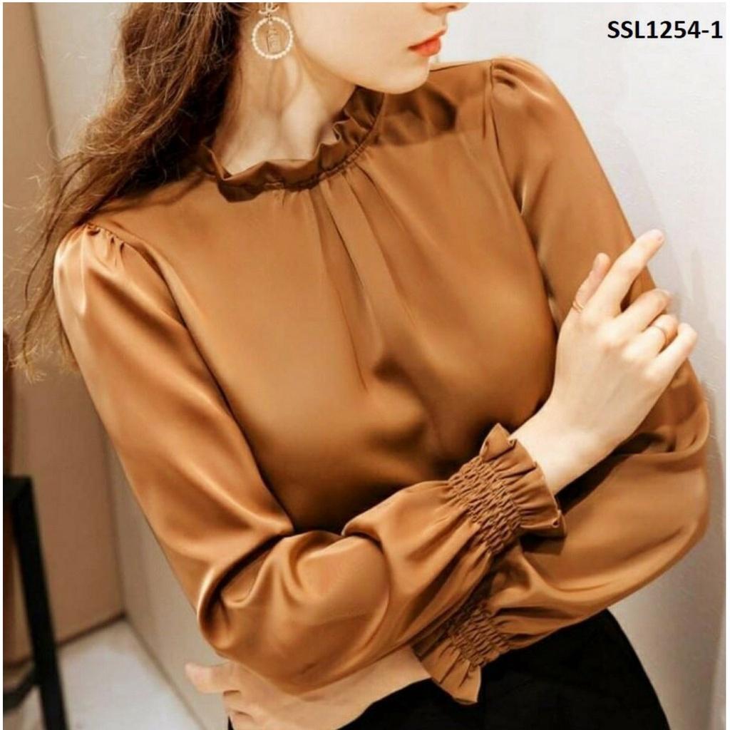 Áo Sơ Mi Nữ công sở thời trang SURI lụa satin màu cam nhún cổ,nhún tay mềm mịn mát không nhăn.