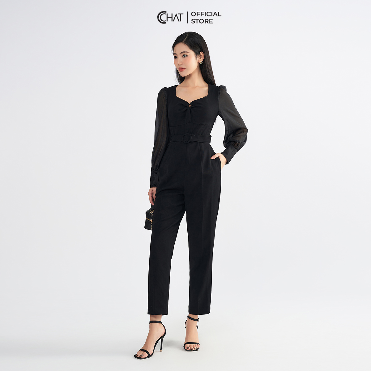 Jumpsuit Nữ  Cổ Nữ Hoàng Phối Tay Chất Tuytsi Cao Cấp Mềm Mịn 22JDS8007BT