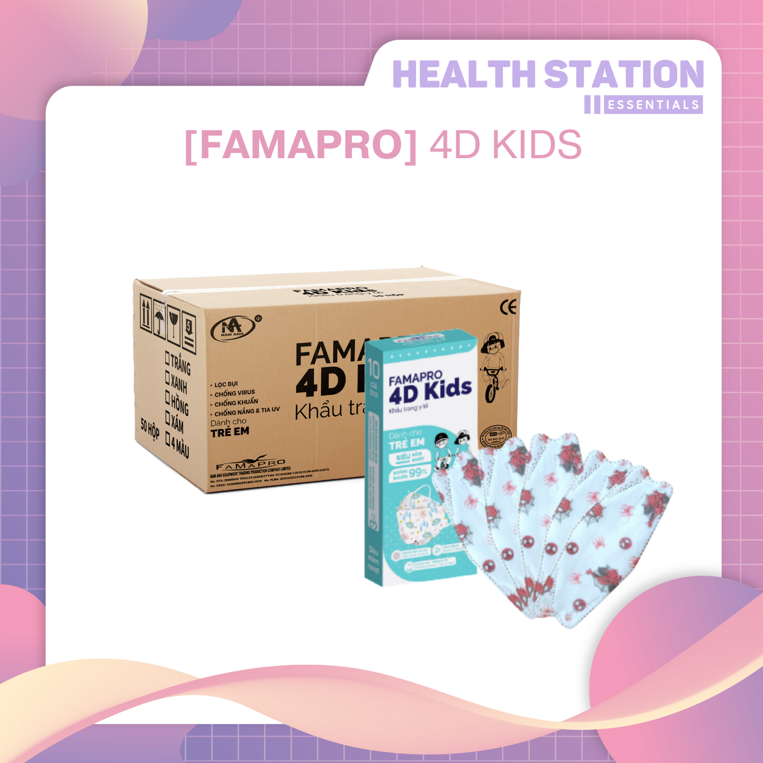 [FAMAPRO 4D KID - 50 HỘP/ THÙNG] Khẩu trang trẻ em kháng khuẩn cao cấp 4D KIDS tiêu chuẩn KF94 (10 cái/hộp
