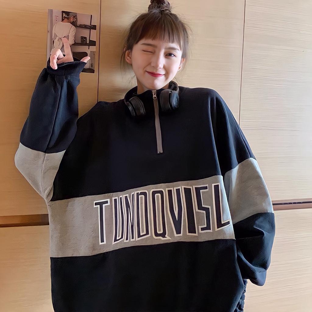 Áo Sweater Zip Nỉ Unisex Cổ Cao Thêu Chữ TUNOQV Dáng Rộng