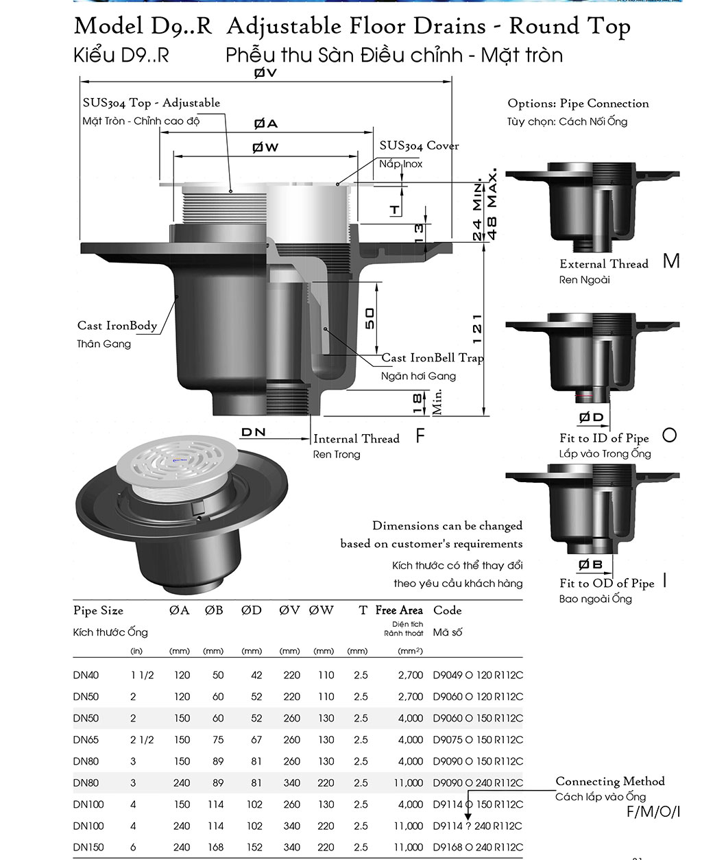 Ga thoát sàn thoát nước, chống mùi hôi, chống thấm bằng Gang + Inox sus304 cao cấp - HÀNG THẬT BAO ĐỔI TRẢ