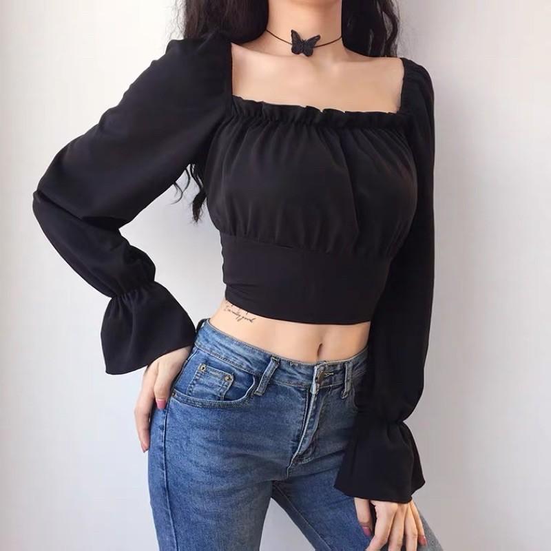 Áo kiểu trễ vai croptop đan dây nơ lưng mẫu 2021