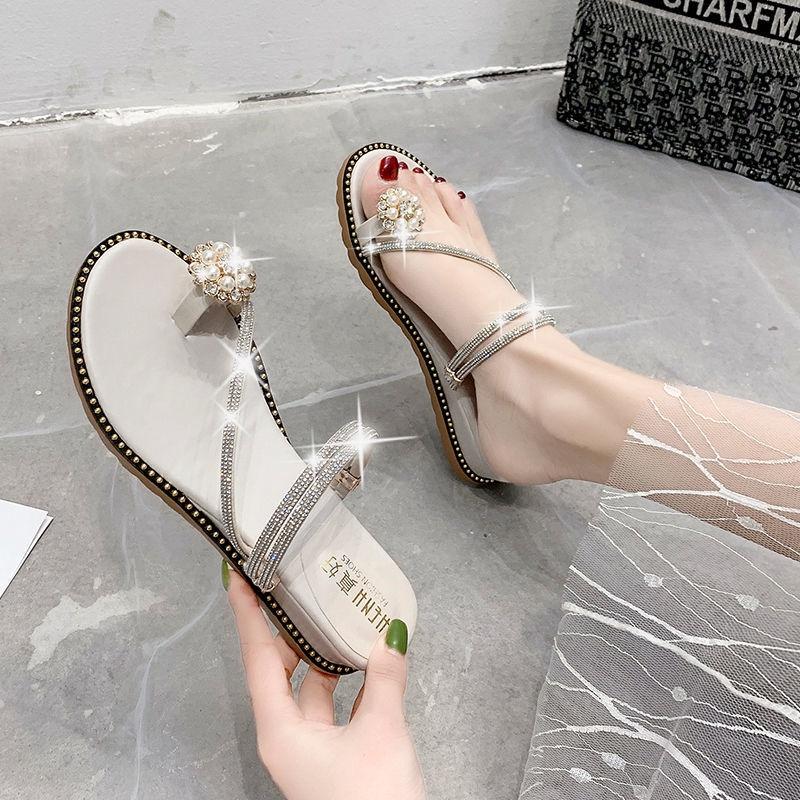 Net red slippers women's summer outer wearing wedge heel 2022 new Korean versatile Rhinestone fashion non slip beach toe cover Sandal