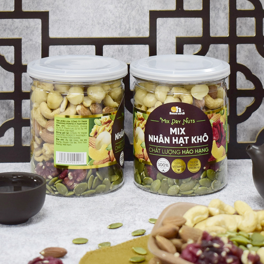 Mix Nhân Các Loại Hạt Dinh dưỡng Smilenuts hộp 255g/500g _ Gồm Nhân Óc Chó Đỏ Mỹ, Nhân Óc Chó vàng Chile, Hạnh Nhân tách vỏ Mỹ, Nhân hạt Macca Úc, Nhân hạt điều Bình Phước, Nhân Hạt Bí Xanh_ Thực phẩm dinh dưỡng