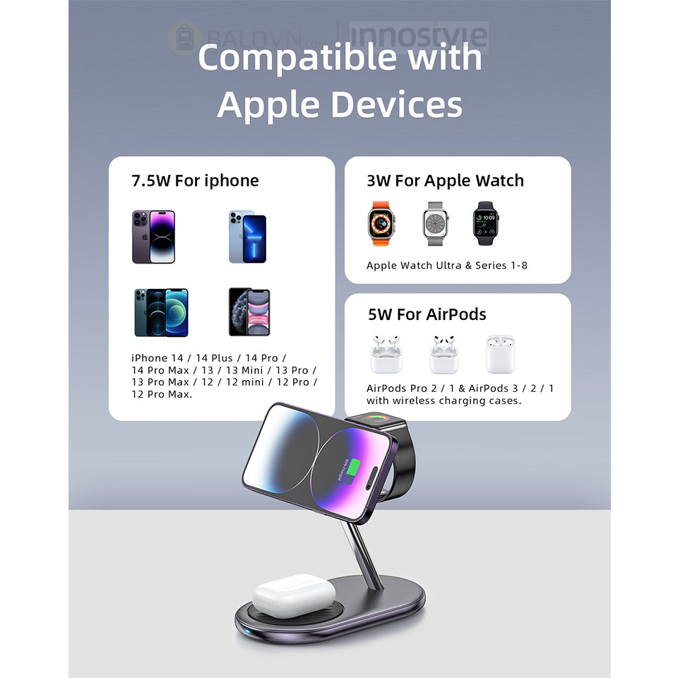 Đế sạc Innostyle Magstation 3-in-1 Dành cho iPhone / Apple Watch / Airpods - Hàng chính hãng