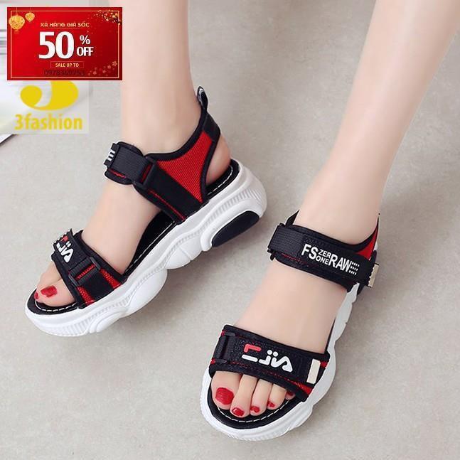 Giày Sandal Nữ Vải Cao Cấp Quai Ngang Viền Đỏ Đế Gấu Dễ Thương - 3136