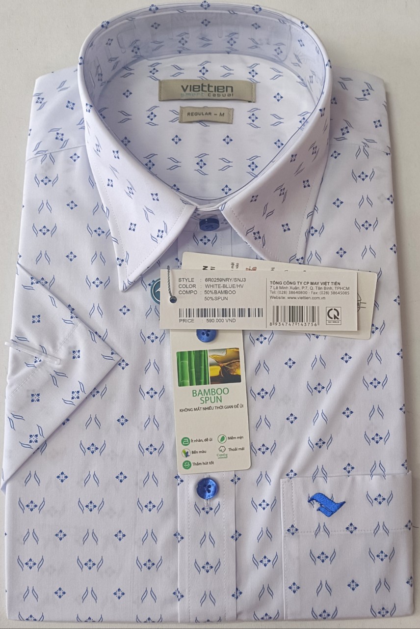 Viettien Áo sơ mi nam Việt Tiến Smart Casual ngắn tay vạt ngang- xẻ sườn Mã 6R 0259 NRY/SNJ3, sợi tre, ít nhăn, bền màu, thoáng khí