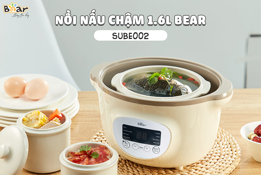 Nồi Nấu Cách Thủy, Kiêm Hấp Cao Cấp BEAR SUBE002 Gồm 3 Thố Nấu Đa Năng, Dung Tích 1.6 Lít, Công Suất 200W - Hàng Chính Hãng