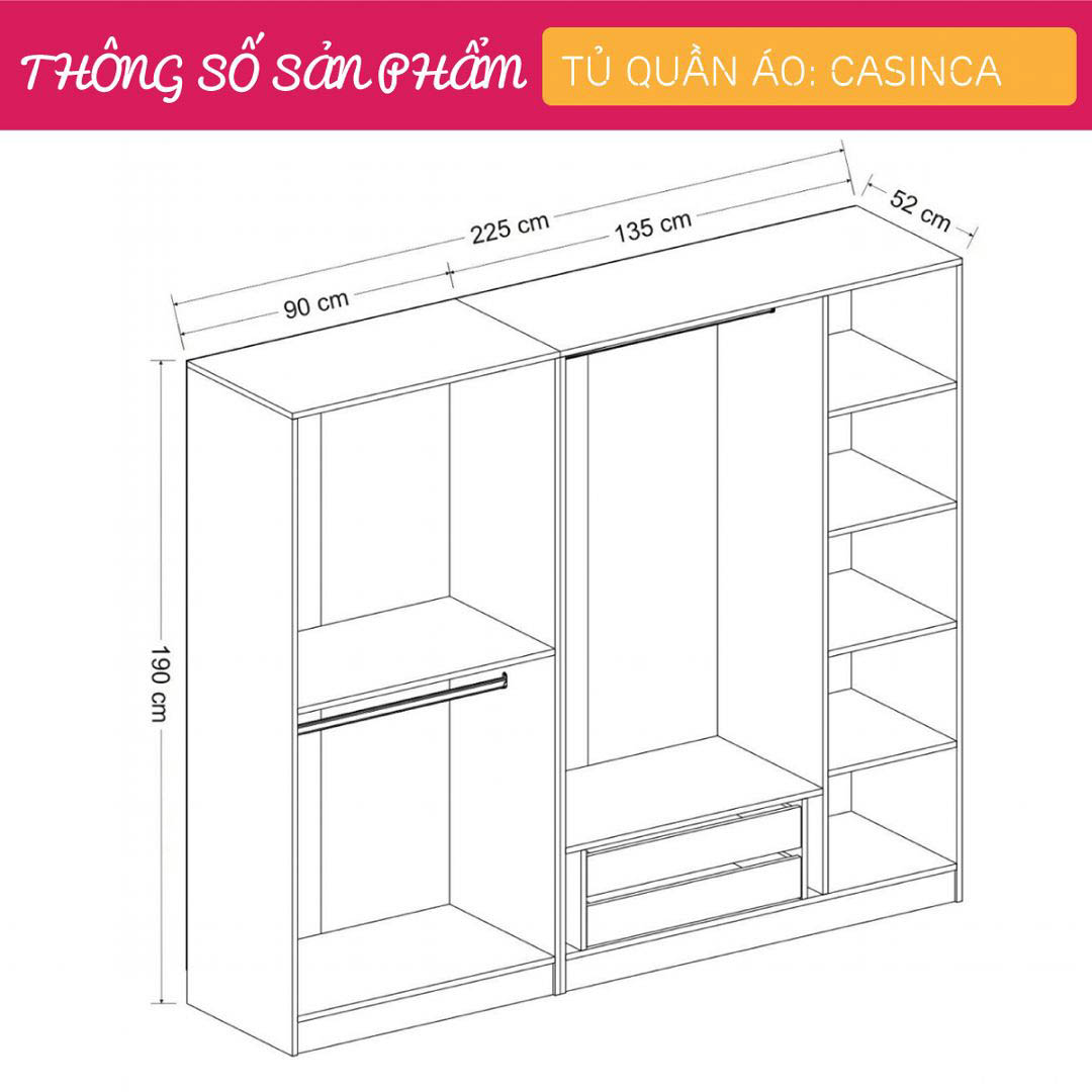 Tủ quần áo gỗ hiện đại SMLIFE Casinca  | Gỗ MDF dày 17mm chống ẩm | D225xR52xC190cm