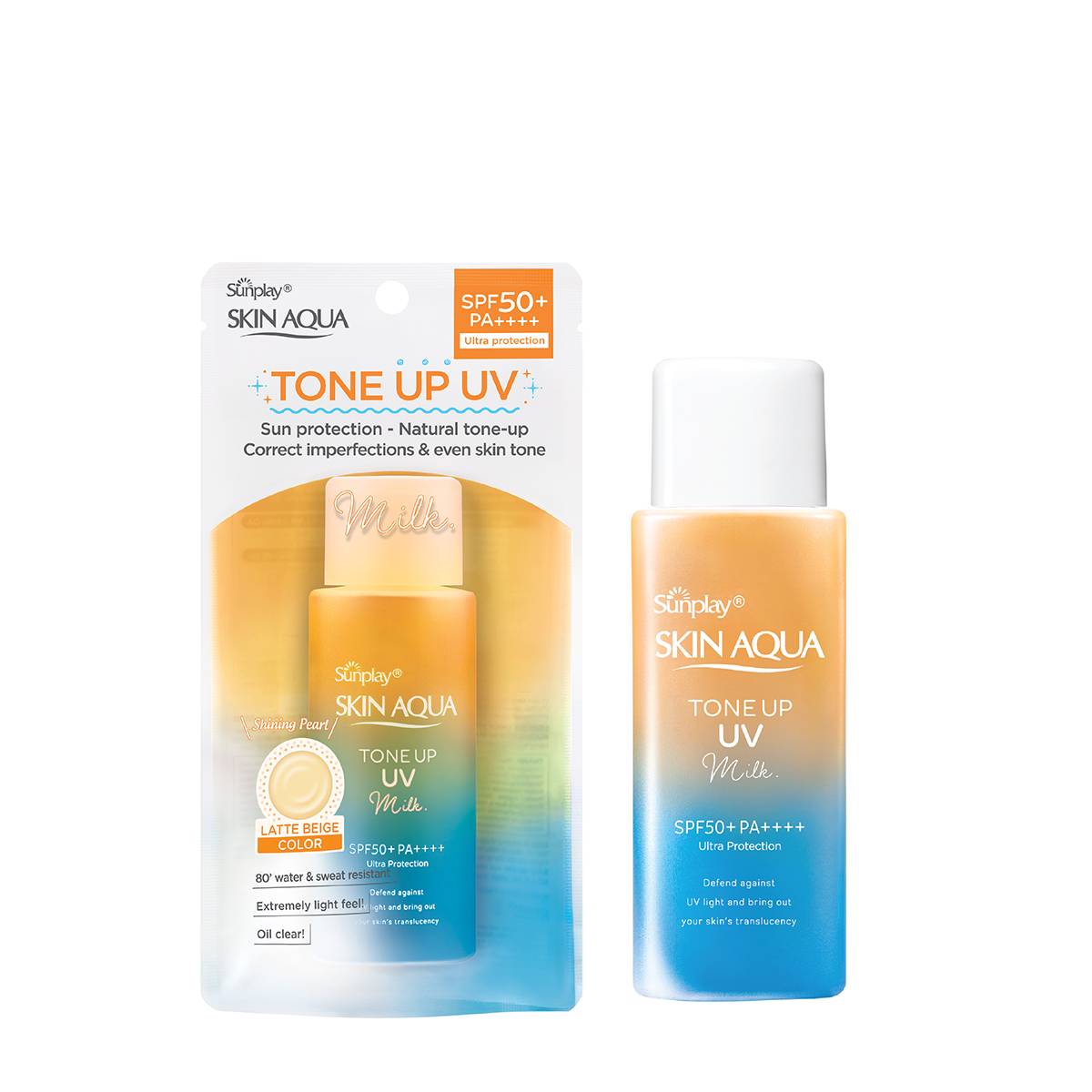 Kem chống nắng nâng tông Skin Aqua Tone up Latte Beige cho mọi tông da, dạng tinh chất Sunplay Skin Aqua Tone Up UV Essence Latte Beige SPF 50+ PA++++ 50g