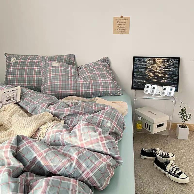 Bộ Vỏ chăn ga gối Cotton TC Nhà Nhím Chăn ga gối kẻ sọc caro 4 món