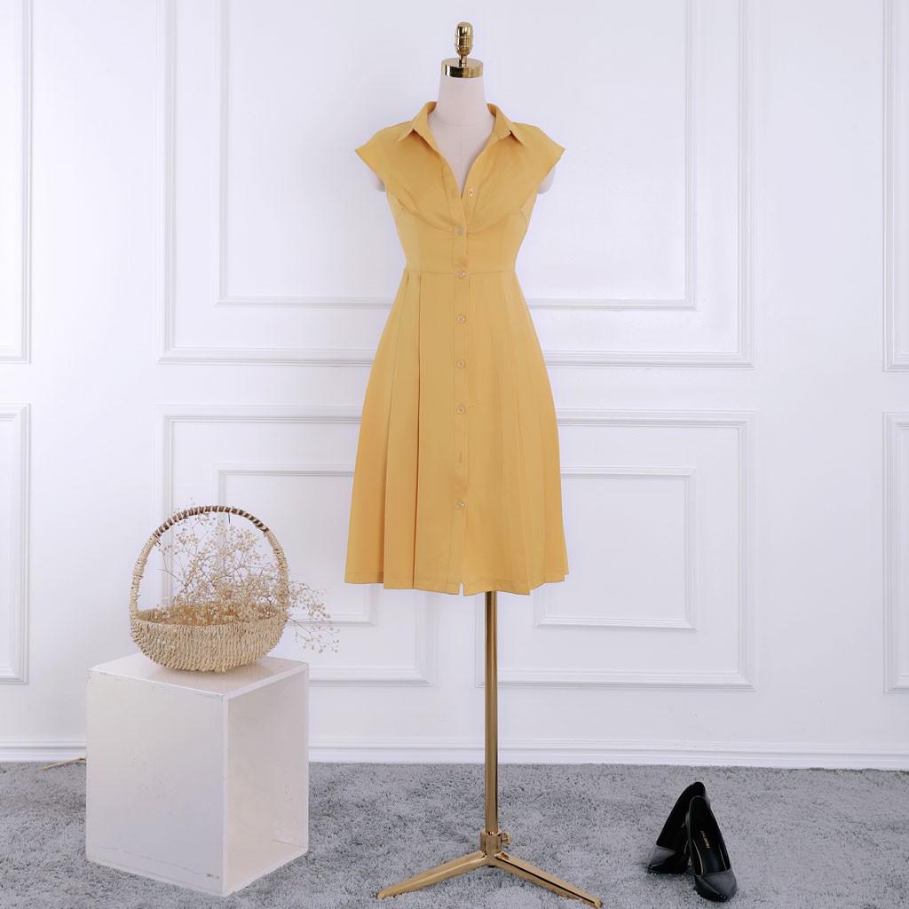 Đầm nữ cổ sơ mi vạt vai cách điệu, đầm nữ xếp ly phối cúc trước TKFASHION DK903