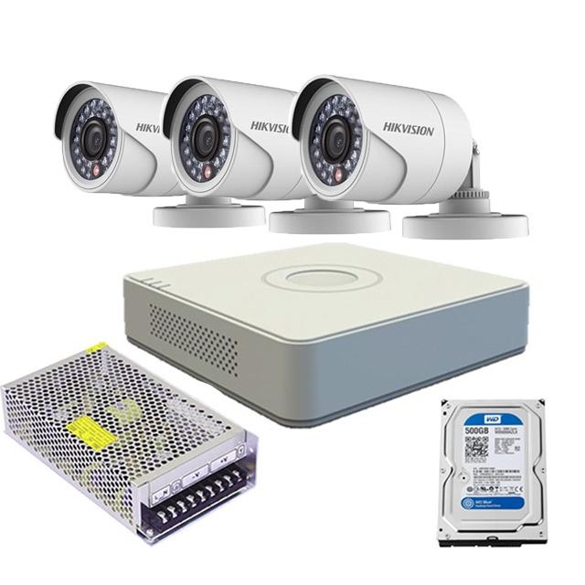 Trọn bộ 3 camera thân trụ,Đầu ghi hình Analog Hikvision 4 kênh DS-7104HGHI-F1 Turbo HD,4 ngõ vào video, tín hiệu Full HD - Hàng chính hãng