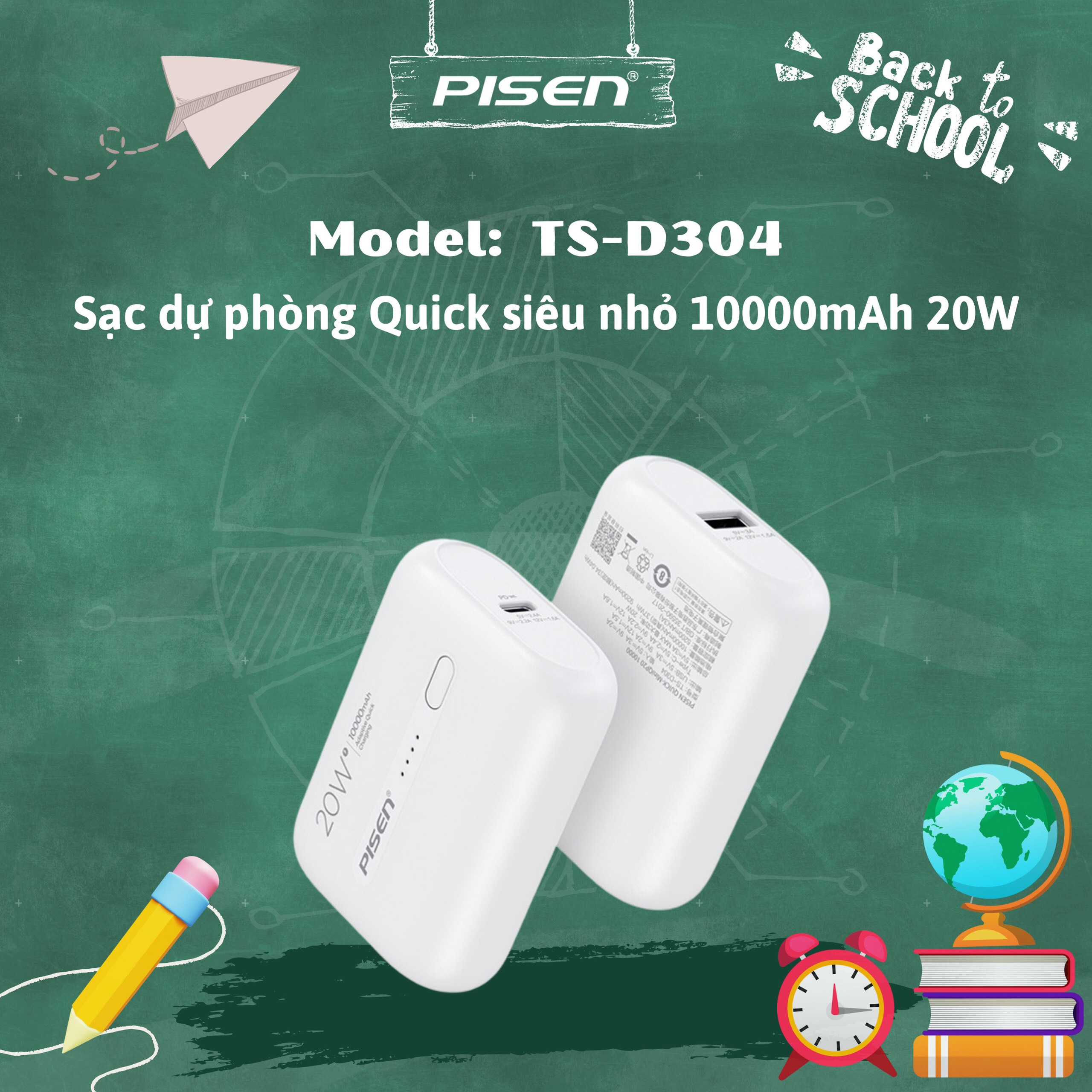 Sạc dự phòng Pisen Quick Mini QP20 10000mAh , công suất 20w, nhỏ gọn, Hàng chính hãng bảo hành 24 tháng