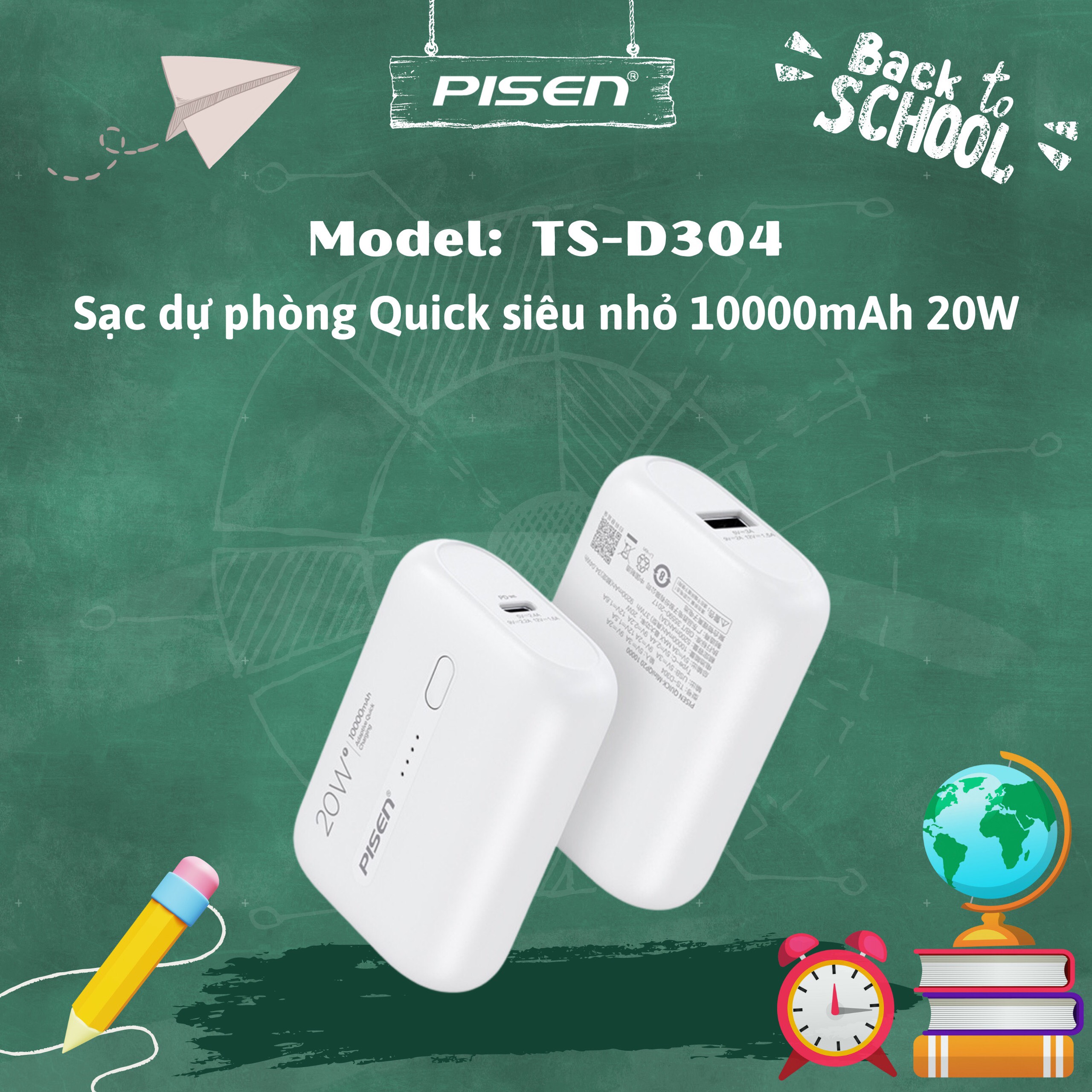 Sạc dự phòng Pisen ( TS-D304 ) Quick Mini QP20 10000mAh , công suất 20w, nhỏ gọn, Hàng chính hãng bảo hành 24 tháng