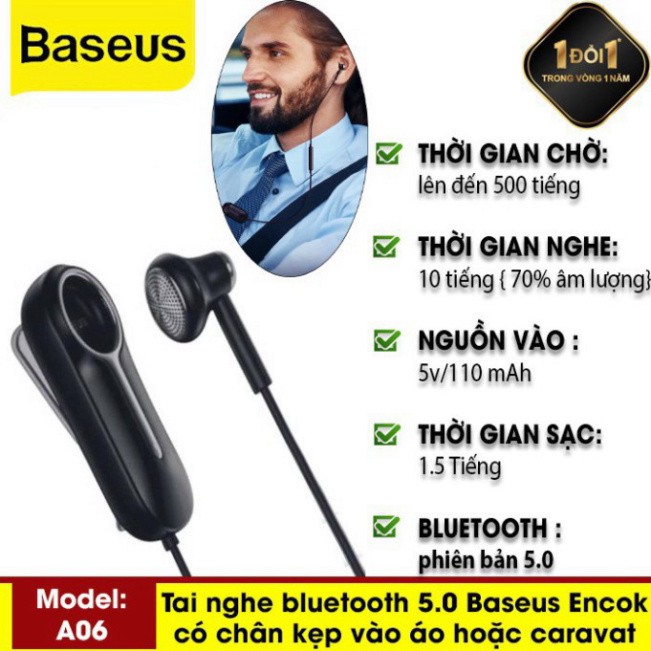 Tai nghe Bluetooth Encok A06 (Clip Style Wireless Unilateral Wireless Earphone, Vibration + Ringtone, Built-in Microphone ) - Hàng Chính Hãng Baseus