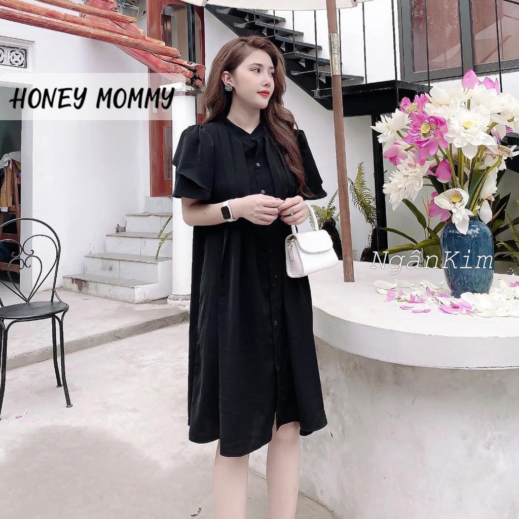 Váy Bầu Sơ Mi Cổ Tàu Xếp Ly Dáng Suông Công Sở HD2626 Honey Mommy Đầm Bầu Hè Ngắn Tay