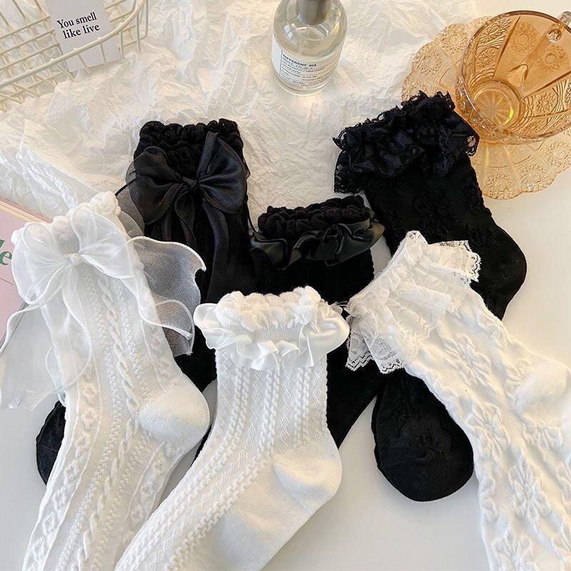 Tất, vớ cổ chân dệt kim GÂN THỔ CẨM VIỀN REN HOA ĐÍNH NƠ phong cách Lolita NhậtBản, cogiãn thoáng khí cho nữ Women