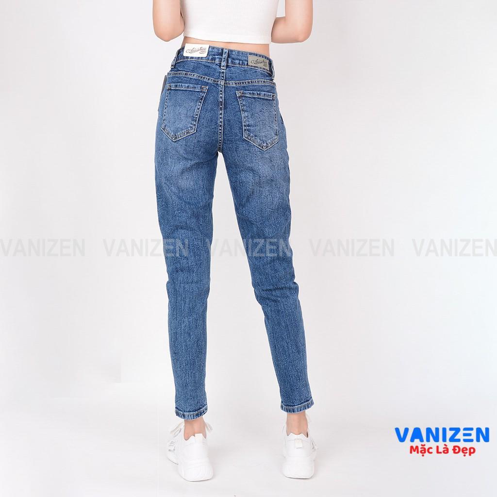 Quần jean nữ ống rộng baggy đẹp lưng cao cạp bán chun xanh đá xước nhẹ hàng hiệu cao cấp mã 429 VANIZEN