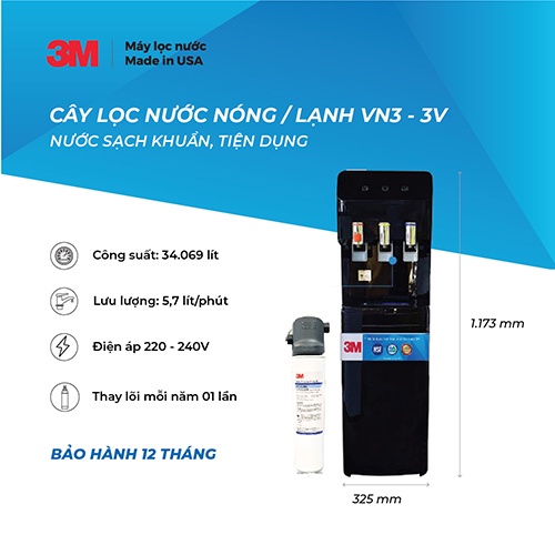 Máy Lọc Nước Nóng Lạnh 3M VN3-3V Màu Đen (Sử Dụng Bộ Lọc 3M BREW120-MS) - Hàng Chính Hãng