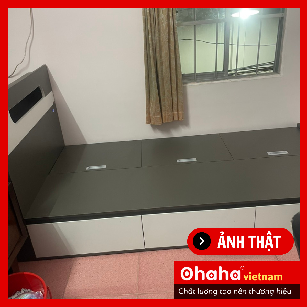 [ Kèm Ảnh Thực Tế - Miễn phí vận chuyển &amp; Lắp đặt tại TP.HCM ]  Giường ngủ gỗ công nghiệp cao cấp Ohaha - GC033 - 02 - Kèm đèn Led - Xám Chì/Trắng