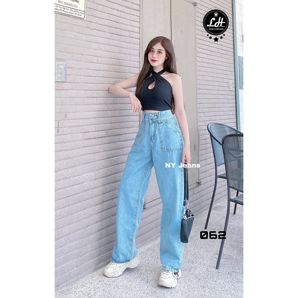 Quần ống rộng nữ quần jeans túi đắp vuông MS 062 - L - Đen