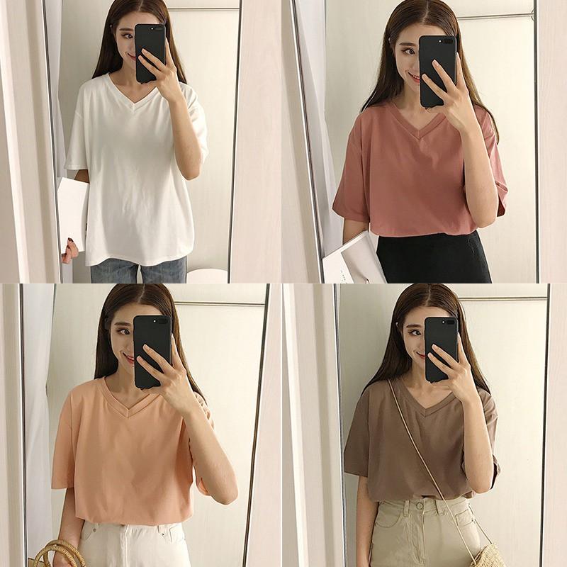 Áo thun dáng rộng cổ chữ V / chữ V màu trơn