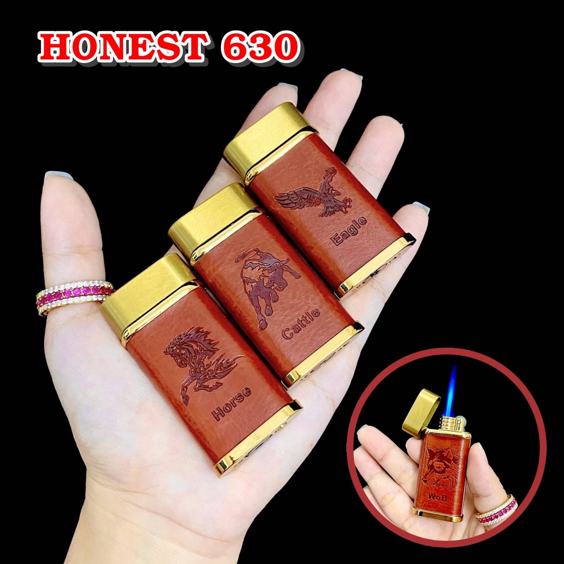 Hột quẹt bật lửa khè HONEST 630 bọc da hình thú gas đá rảnh tay - xài gas