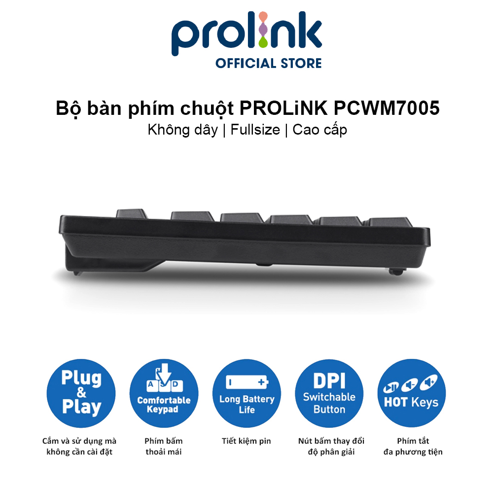 Bộ bàn phím chuột không dây PROLiNK PCWM7005 Fullsize cao cấp, chống thấm nước, thời lượng pin cao dành cho PC, Laptop - Hàng chính hãng