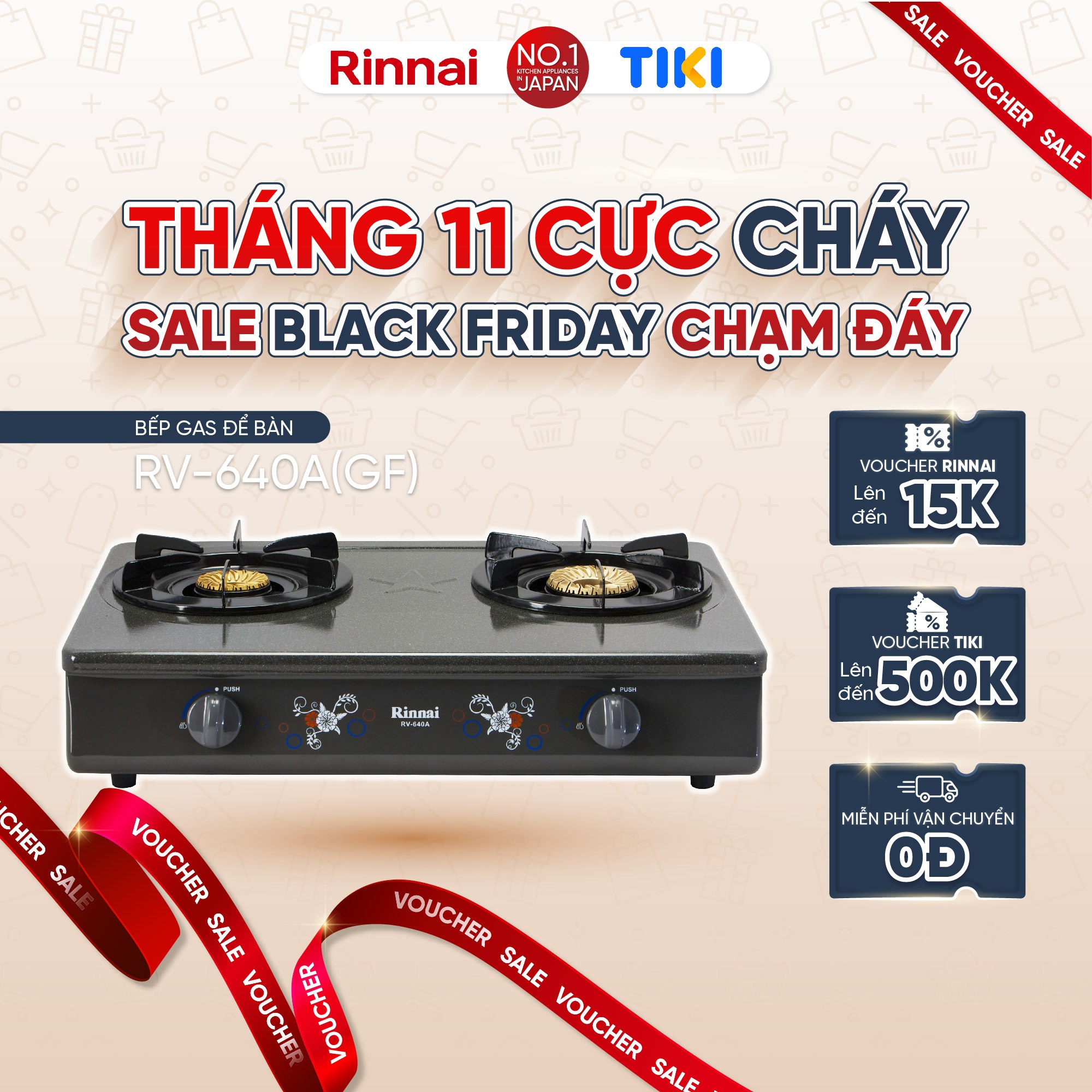 Bếp gas dương Rinnai RV-740A(GF) mặt bếp men và kiềng bếp men - Hàng chính hãng