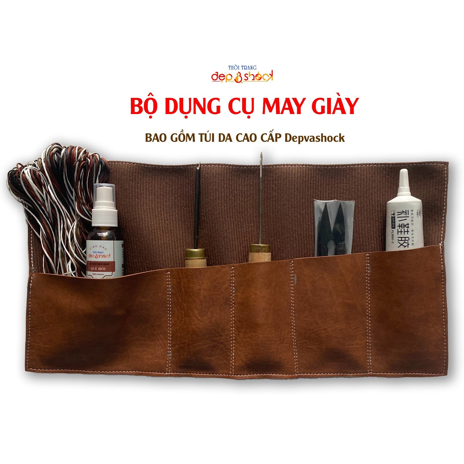 Bộ dụng cụ kim khâu giày Dép tại nhà đầy đủ gồm chai keo dán,kim khâu,Sủi đế giày,Xịt khử mùi giày,kéo bấm chỉ kèm video