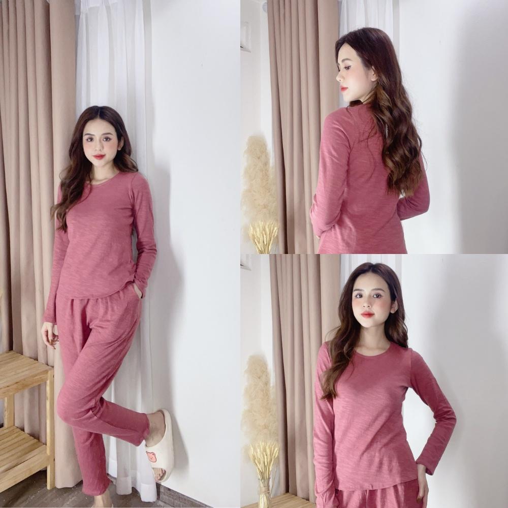 Bộ mặc nhà tay dài nữ thu đông Cotton chất len cao cấp, giá rẻ có đủ size Từ S đến xxl