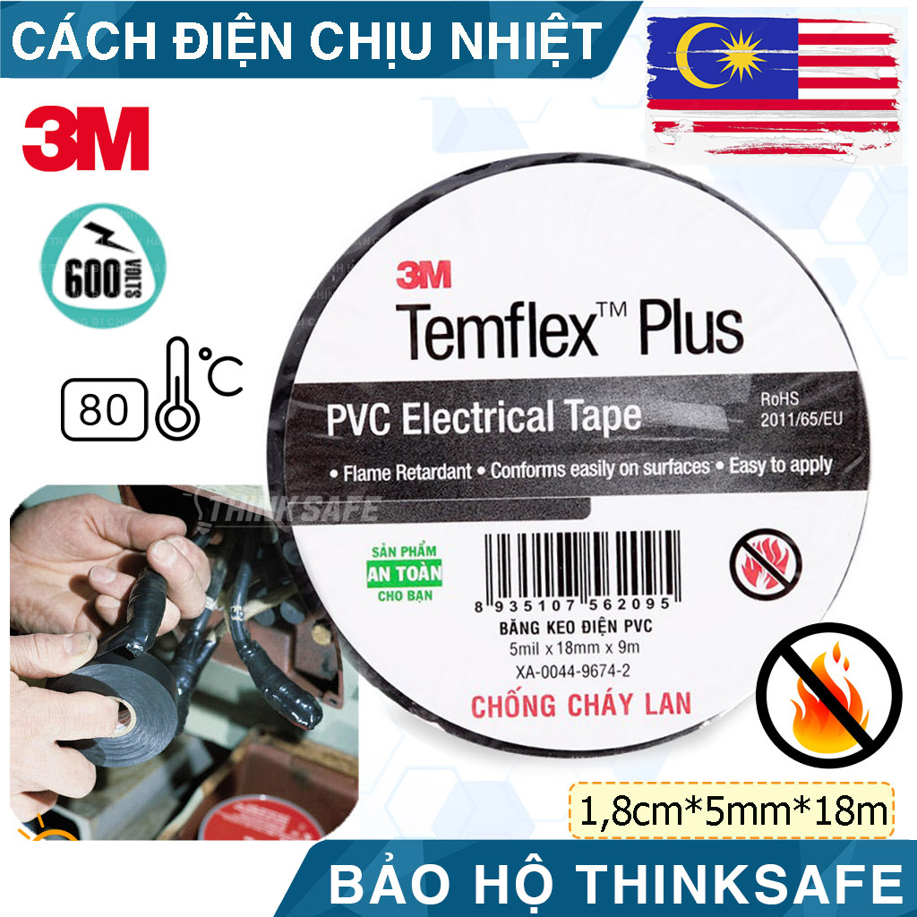 Băng keo điện 3M PVC 1505 cách điện 600v, chống cháy lan 3M Temflex Plus Harnessing Tape