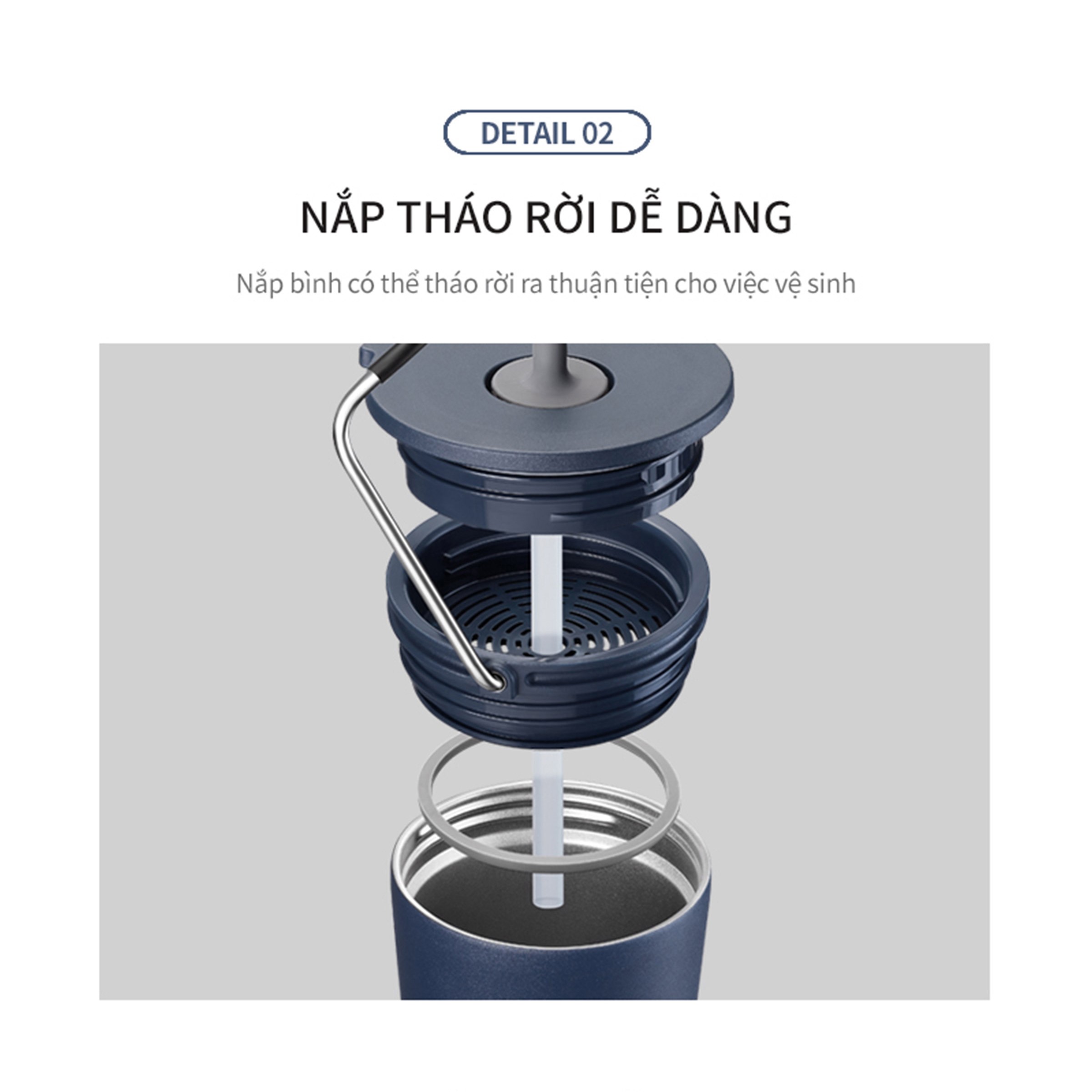 Bình giữ nhiệt Lock&amp;Lock Bucket Tumbler Nắp đậy có ống hút - Màu xanh navy LHC4268NVY 540ml - Hàng chính hãng thép không gỉ quai xách tiện lợi - JoyMall