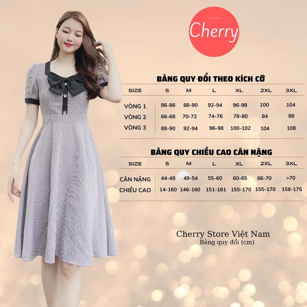 Đầm công sở kẻ caro nhỏ thắt nơ, váy vintage dáng xòe xinh đẹp, ngắn tay xinh xắn phù hợp đi làm dự tiệc Cherry - V038